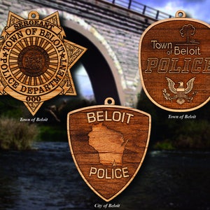 Personalized Wooden Beloit PD Badge or Shoulder Patch Hanging Ornament