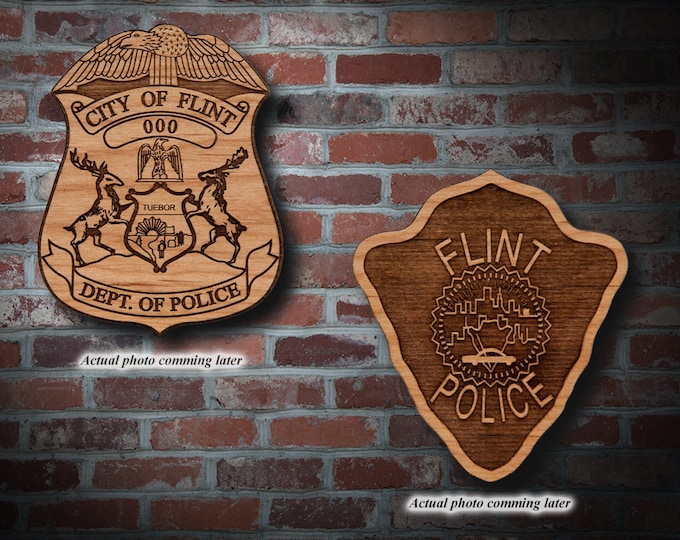 Wooden Flint MI Police Badge or Patch Plaque