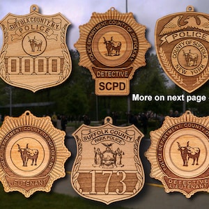 Personalized Wooden Suffolk Co Police Shield or Shoulder Patch Hanging Ornament
