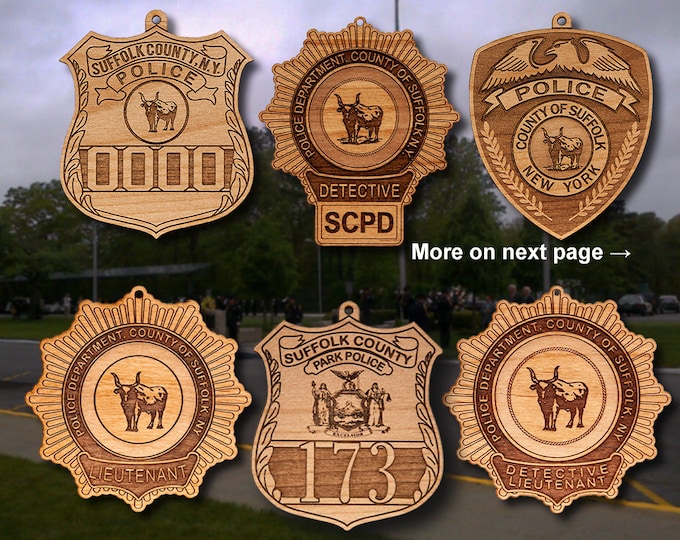 Personalized Wooden Suffolk Co Police Shield or Shoulder Patch Hanging Ornament