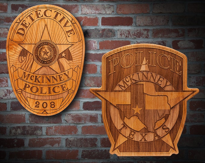 Personalized Wooden McKinney TX Police Badge or Patch Plaque