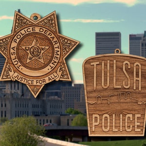 Wooden Tulsa PD Badge or Shoulder Patch Hanging Ornament