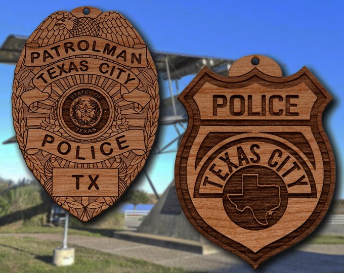 Wooden Texas City TX Badge or Patch Ornament