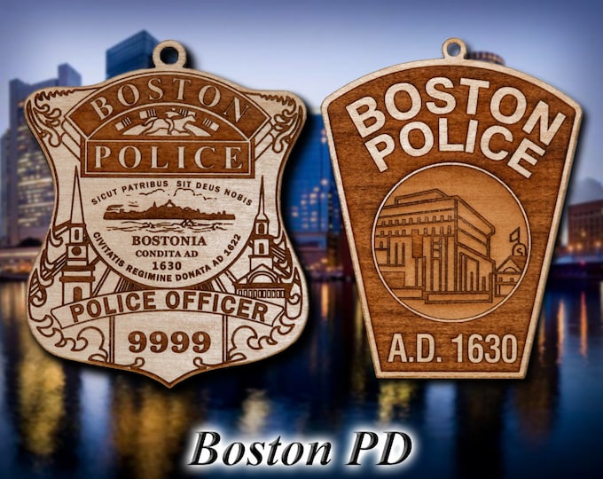 Personalized Wooden Boston Police Shield or Shoulder Patch Christmas Ornament