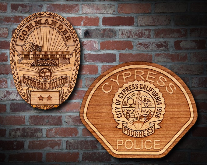 Wooden Cypress CA Police Badge and Patch Plaque