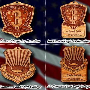 May include: Two wooden plaques with a brown, red, and gold design. The top plaque has the text "Third Littoral Logistics Battalion" and the bottom plaque has the text "Air Command and Staff College".