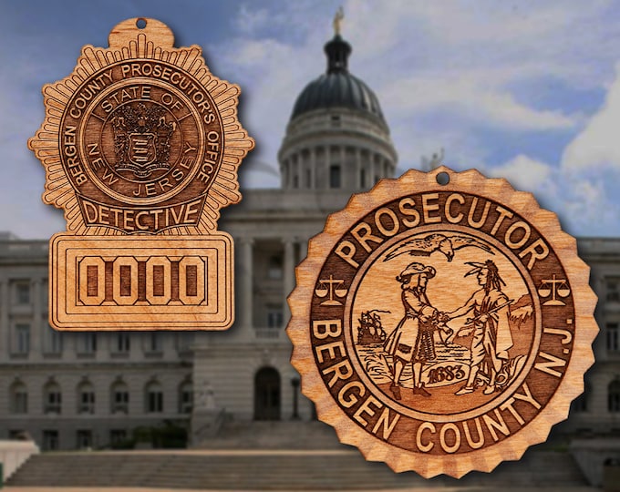 Wooden Bergen Co NJ Prosecutor Badge or Patch Ornament