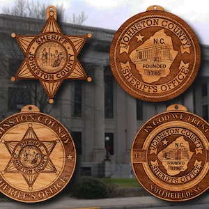 Wooden Johnston Co NC Sheriff Badge or Shoulder Patch Ornament