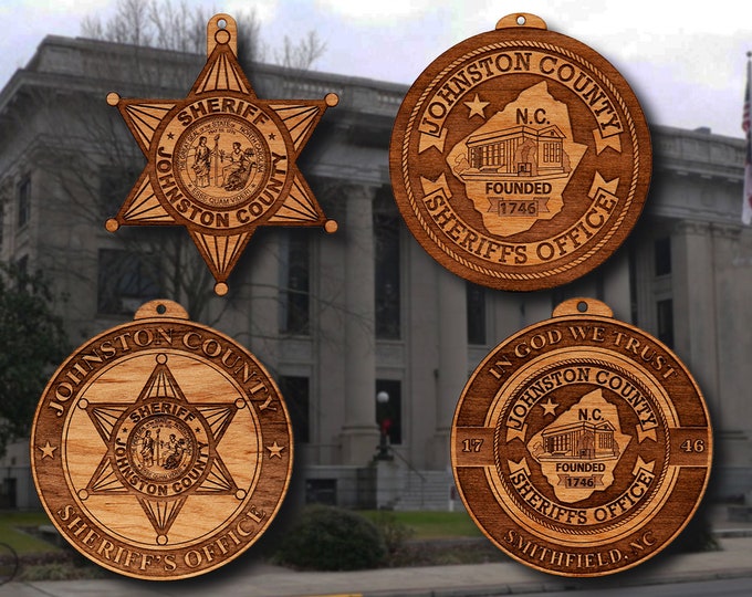 Wooden Johnston Co NC Sheriff Badge or Shoulder Patch Ornament