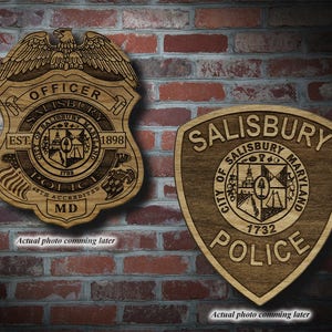 May include: Two wooden police badges, one with a traditional shield shape and the other with a more modern design. Both feature the text "Salisbury Police" and the city seal. The badges are displayed against a brick wall.
