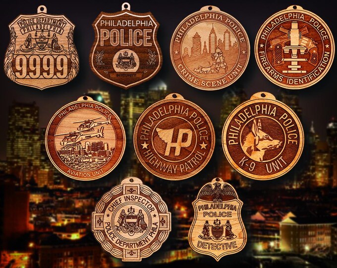 Personalized Wooden Philadelphia PD Badge or Shoulder Patch Hanging Ornament