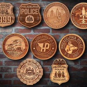 May include: A collection of wooden Philadelphia Police badges and medallions. The badges feature the text "Philadelphia Police" and various unit designations, including "Crime Scene Unit" and "K-9 Unit".