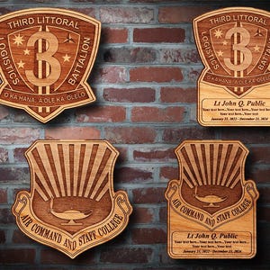 May include: Four wooden plaques with engraved designs. Two plaques feature a military insignia with the text "Third Littoral Logistics Battalion" and "O Ka Hana A Ole Ka Olelo". The other two plaques feature a design of a lamp with rays of light and the text "Air Command and Staff College". Each plaque has a nameplate with the text "Lt John Q. Public" and a date range.