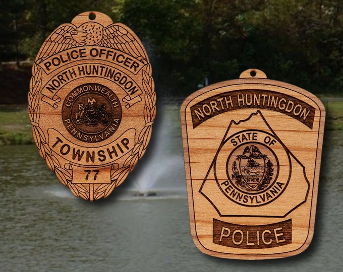 Wooden North Huntingdon PA PD Badge and Patch Ornament