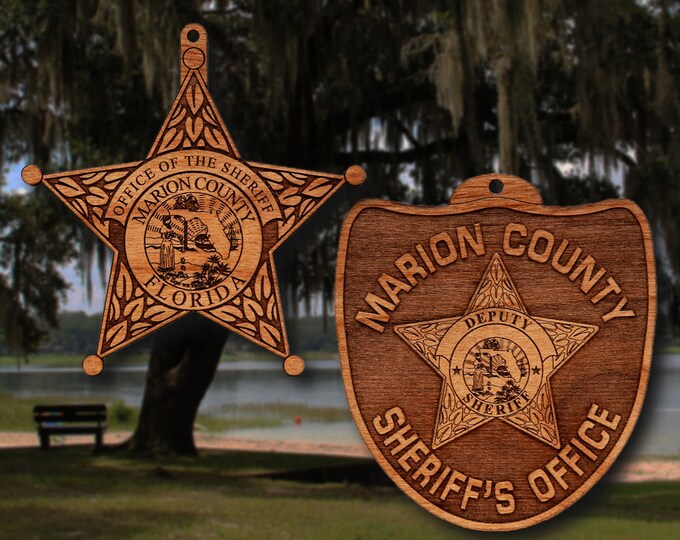 Wooden Marion Co FL Badge or Shoulder Patch Ornament