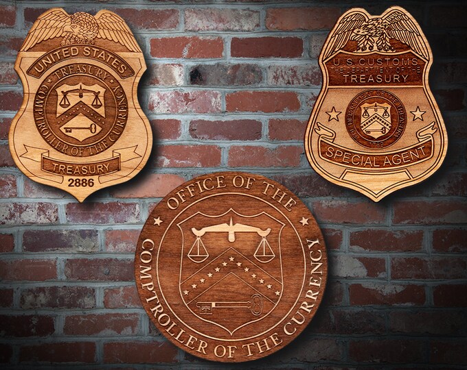 Wooden US Treasury Badge or Patch Plaque