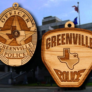 Wooden Greenville TX  PD Badge or Shoulder Patch Hanging Ornament