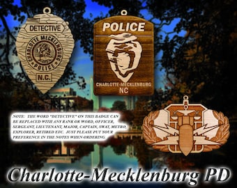 Personalized Wooden Charlotte-Mecklenburg Police Badge Ornament