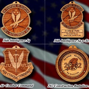 May include: Four wooden military-themed ornaments. The top left ornament reads "36th Intelligence Sq" and "In Tempore In Scopum". The top right ornament reads "36th Intelligence Sq w-Text". The bottom left ornament reads "Air Combat Command". The bottom right ornament reads "202 Construction Battalion Main".