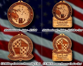 May include: Four wooden military-themed ornaments. Two feature a world map design with text, including "Multinational - Joint - HADR." The other two display a crest with the text "U.S. Military Entrance Processing Cmd" and "Department of Defense."
