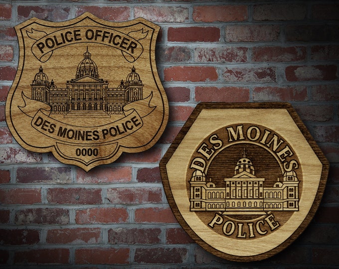 Wooden Des Moines IA Police Badge or Patch Plaque