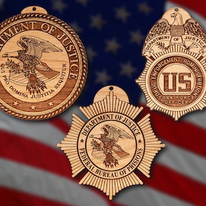 Wooden Dept of Justice Badge or Patch Ornament