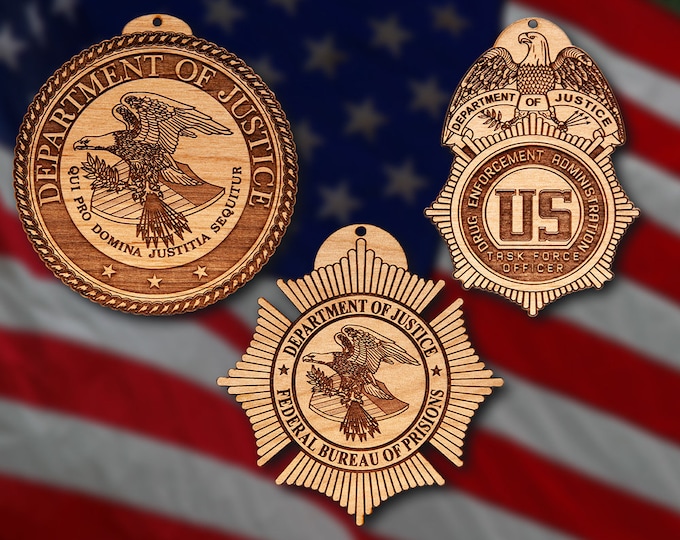 Wooden Dept of Justice Badge or Patch Ornament