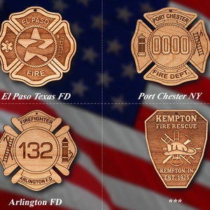 May include: Four wooden firefighter ornaments with different designs. The top left ornament is a red and white star with the text "EL PASO FIRE". The top right ornament is a red and white cross with the text "PORT CHESTER FIRE DEPT.". The bottom left ornament is a red and white cross with the text "FIREFIGHTER 132 ARLINGTON F.D.". The bottom right ornament is a red and white shield with the text "KEMPTON FIRE RESCUE KEMPTON, IN EST. 1925".