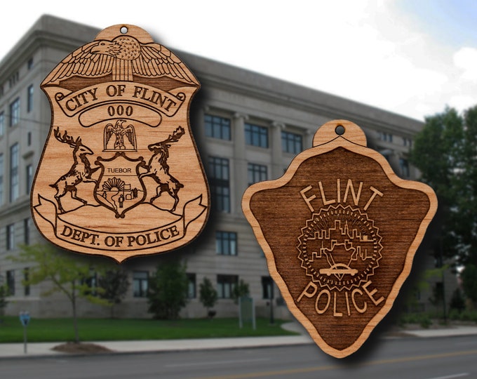 Wooden Flint MI Police Badge or Shoulder Patch Ornament