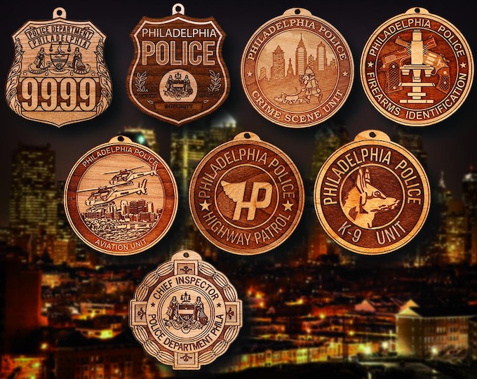 Personalized Wooden Philadelphia PD Badge or Shoulder Patch Hanging Ornament