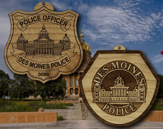Wooden Des Moines IA Police Badge or Patch Ornament