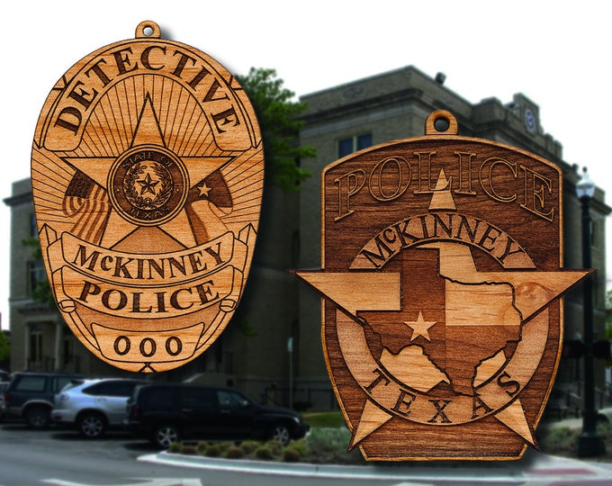 Personalized Wooden McKinney TX PD Badge or Shoulder Patch Hanging Ornament