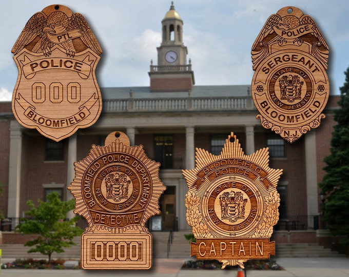 Wooden Bloomfield NJ PD Badge Ornament