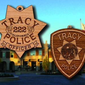 Wooden Tracy PD Badge or Shoulder Patch Hanging Ornament