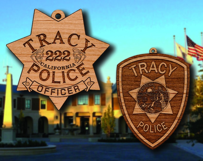 Wooden Tracy PD Badge or Shoulder Patch Hanging Ornament