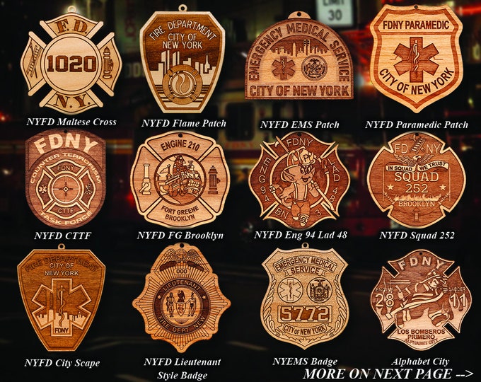 Personalized Wooden New York City Fire Department  Badge and Patch Ornament