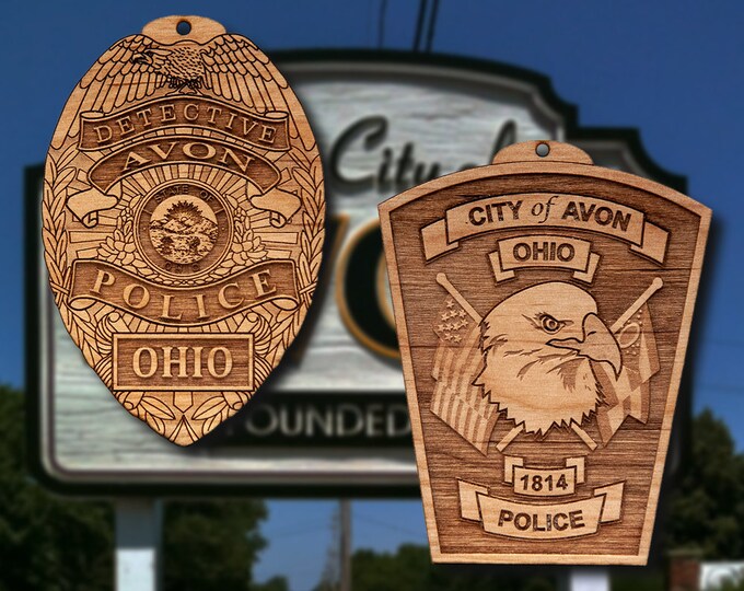 Wooden Avon PD Badge or Shoulder Patch Ornament
