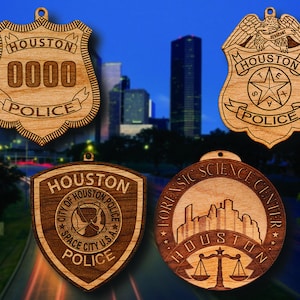 Personalized Wooden Houston PD Badge or Shoulder Patch Hanging Ornament