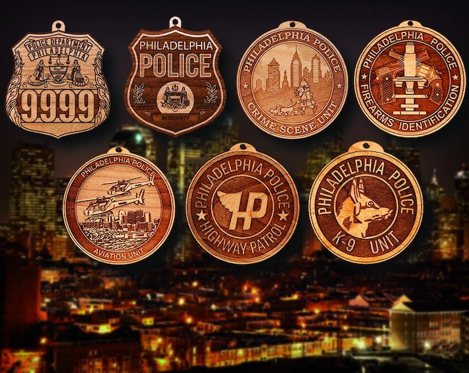 Personalized Wooden Philadelphia PD Badge or Shoulder Patch Hanging Ornament