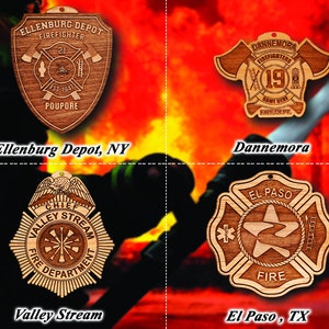 May include: Four wooden firefighter ornaments with different designs. The top left ornament is a shield with the text "Ellenburg Depot Firefighter" and "Est 1947 Poupore". The top right ornament is a cross with the text "Dannemora Firefighters" and "Fire Dept.". The bottom left ornament is a badge with the text "Chief Valley Stream Fire Department". The bottom right ornament is a cross with the text "El Paso Fire".