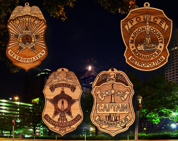 Wooden Indianapolis PD Badge or Shoulder Patch Hanging Ornament