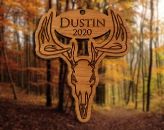 Personalized Wooden Whitetail Deer Skull Ornament