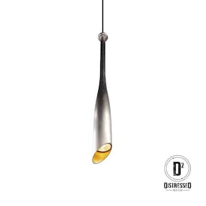 May include: A silver pendant light fixture shaped like a baseball bat with a gold interior. The light is hanging from a black cord.