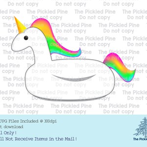 May include: A white unicorn pool float with a rainbow mane and tail. The unicorn has a yellow horn and a smiling face. The image includes the text "PNG & JPG Files Included @ 300dpi", "Instant download", "Digital Only!", and "You Will Not Receive Items in the Mail!"