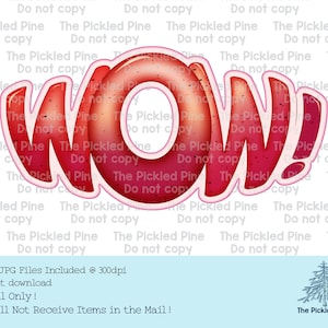 以下が含まれることがあります： 赤とピンクの「WOW！」グラフィックで、質感のある斑点模様になっています。文字は白で縁取られており、3D効果があります。
