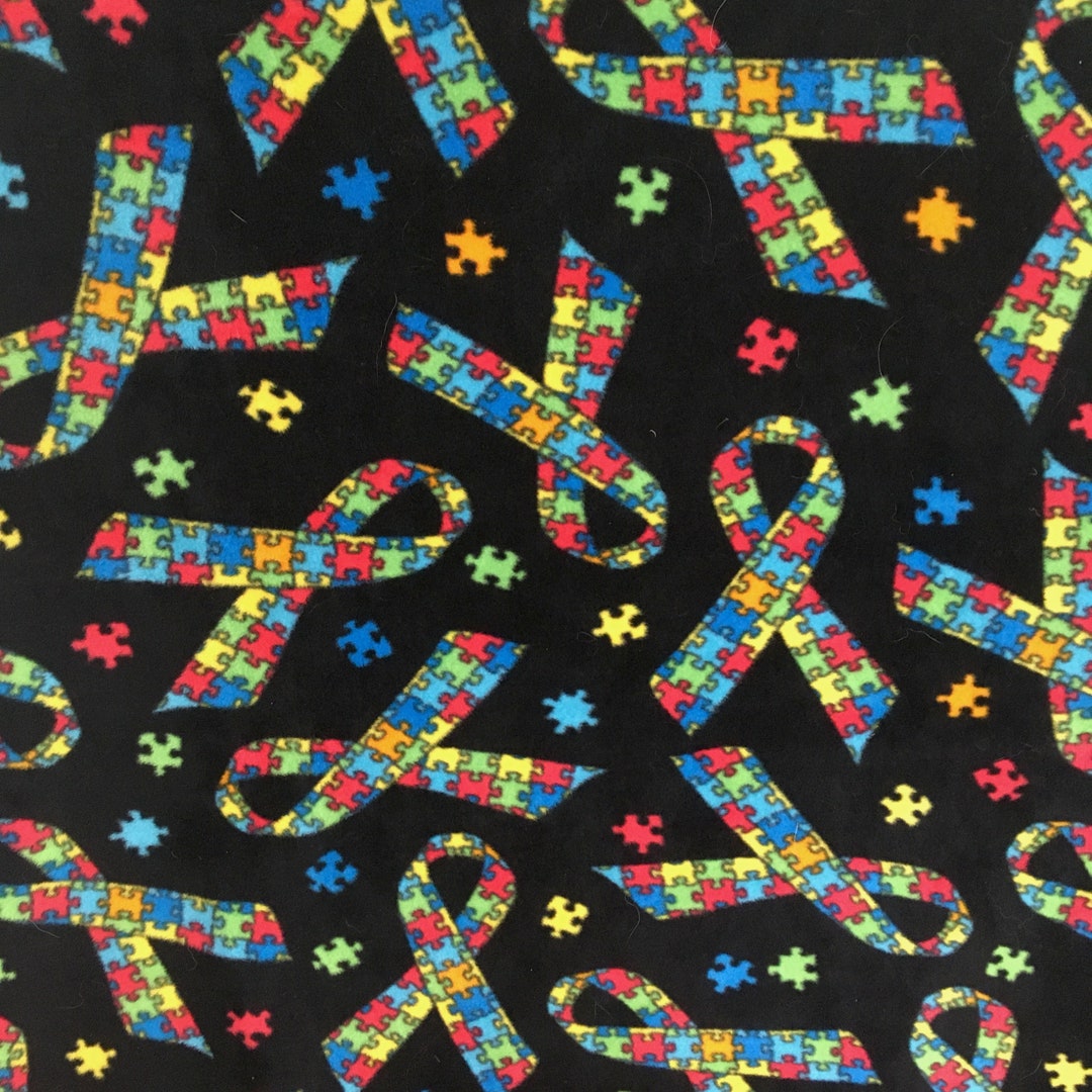 Jigsaw Puzzle Ribbons Fleece Fabric, Bright Colors on Black, Toss Print