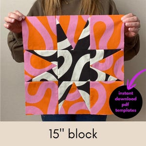 Puede incluir: Un bloque de patchwork con un diseño de estrella, con patrones naranjas, rosas, negros y blancos. El bloque mide 38 cm. La imagen incluye el texto "instant download pdf templates".