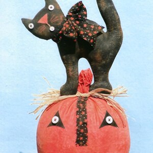 Puede incluir: Un gato negro con un lazo rojo y negro de lunares se sienta encima de una calabaza roja y negra con una cara cosida. La calabaza est&aacute; rodeada de paja.