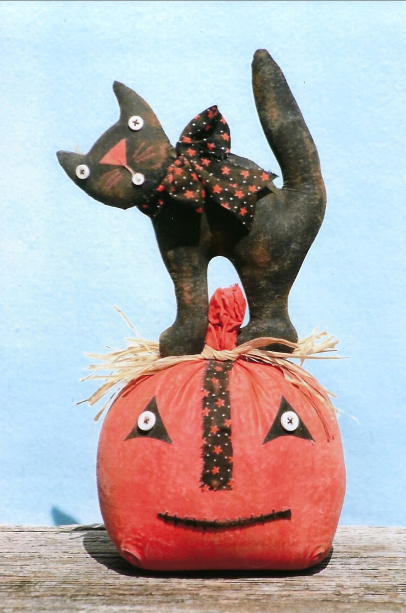 Puede incluir: Un gato negro con un lazo rojo y negro de lunares se sienta encima de una calabaza roja y negra con una cara cosida. La calabaza est&aacute; rodeada de paja.