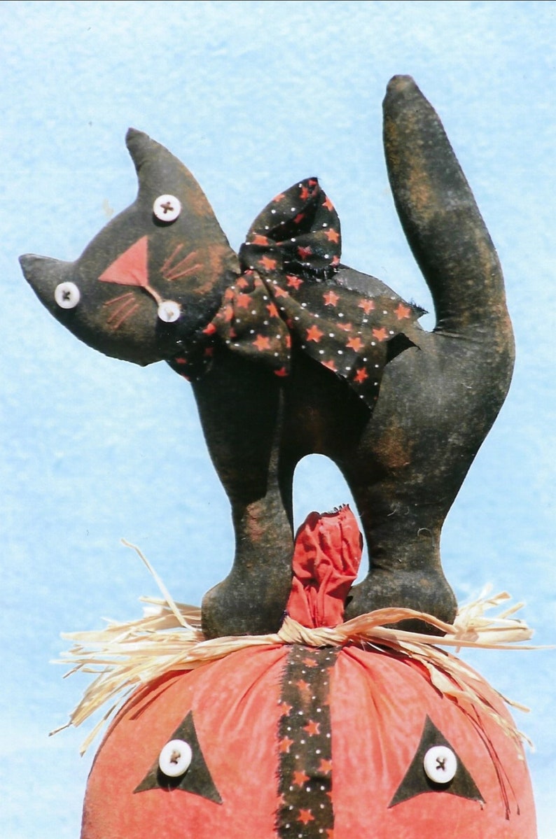 Puede incluir: Un gato negro con un lazo rojo y blanco de lunares est&aacute; de pie sobre una calabaza roja y negra con paja alrededor de la base.